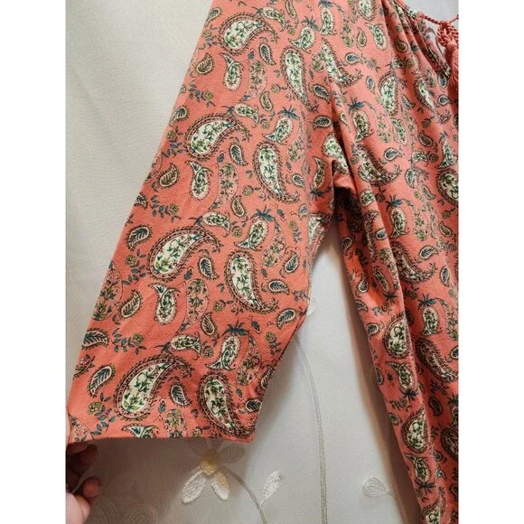 Belle Kim Gravel Womens XL Peach Blouse Paisley Stretchy Boho Cottage Peasant - Picture 3 of 14